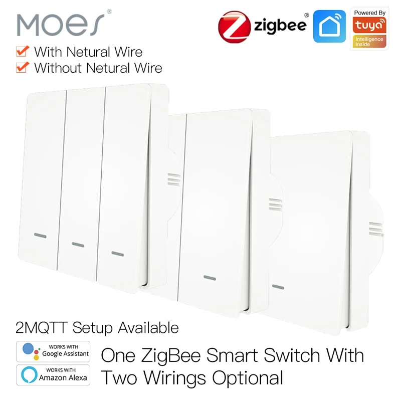 

Moes Smart Light Switch Tuya ZigBee No Neutral Wire No Capacitor Needed Smart Life 2/3 Way Works With Alexa Google Home 2mqtt