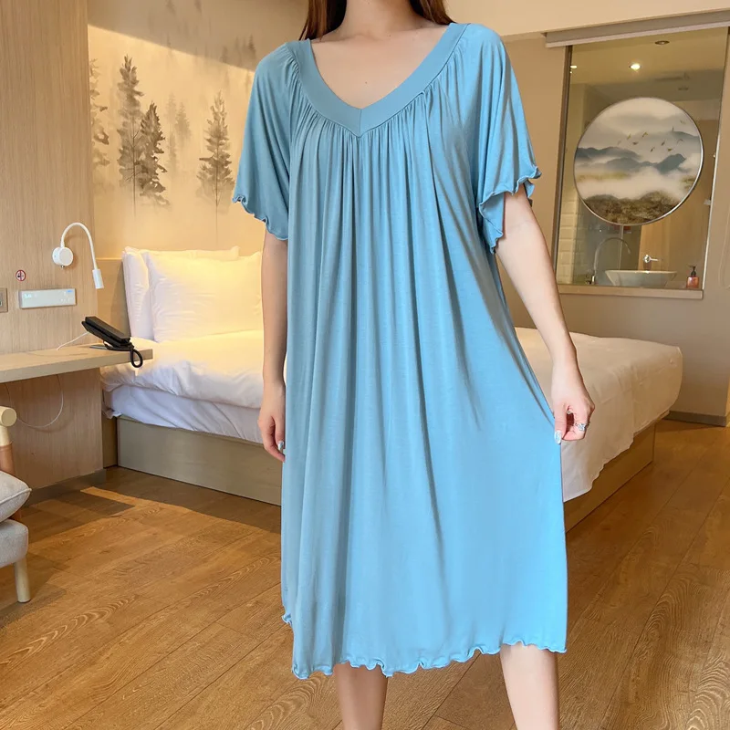 Modal Nightgowns Summer Women's Nightwear Nightdress Thin Skirt Short Sleeve Sleepwear Loose Plus Size Homewear Fold Night Dress