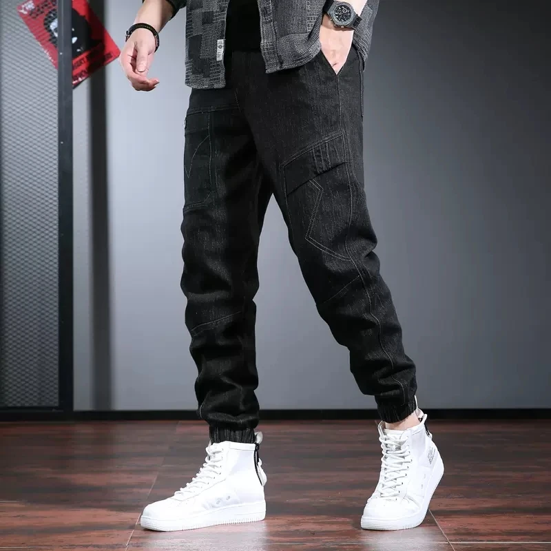 Men's Black Cargo Pants Jeans Fashion Baggy Harem Pants Autumn Winter Streetwear Casual Elastic Waist Denim Trousers CP2090