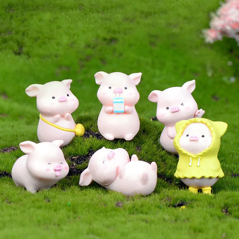 

6pcs Figurine Miniature Cute Cartoon Pig Micro Landscape Ornaments For Home Decoration Kawaii Animal Room Desk Decor Accessories