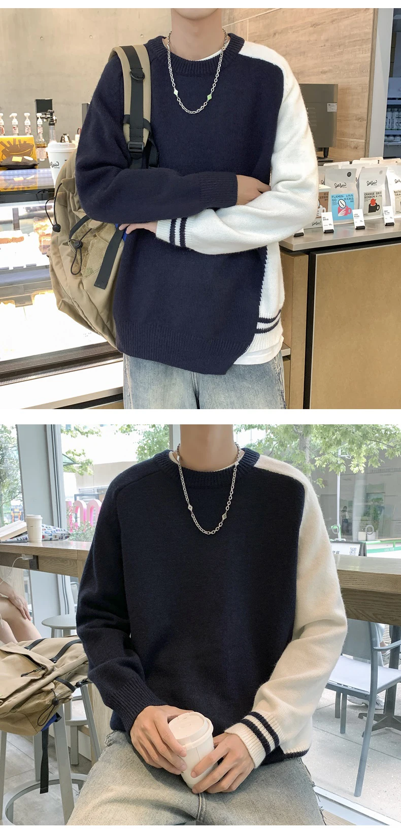 Description Picture 5 of itemNew 2024 Autumn Winter Men Fashion Round Neck Knitted Tops Male Loose Patchwork Jumpers Men's Long Sleeve Sweater Top S219