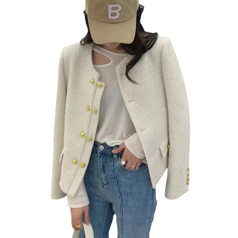 Spring Short Vintage Elegant Jackets Women Tops Casaco Coat Female Abrigos Long Sleeve Double Breasted  Tweed Manteau