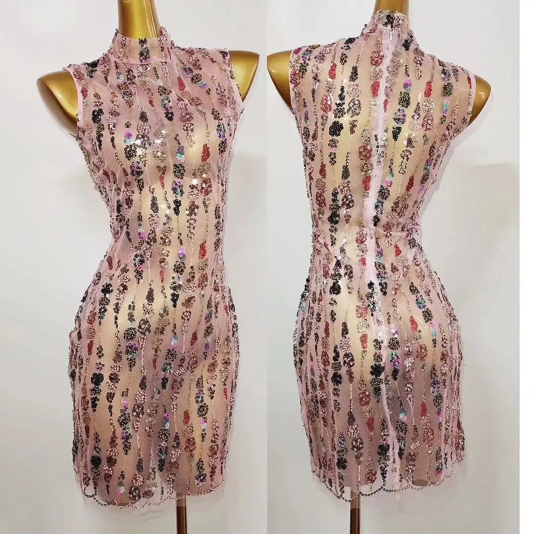 

Женское Прозрачное платье без рукавов, розовое Сетчатое платье с блестками и вышивкой, для клуба, вечеринки, дня рождения, сцены