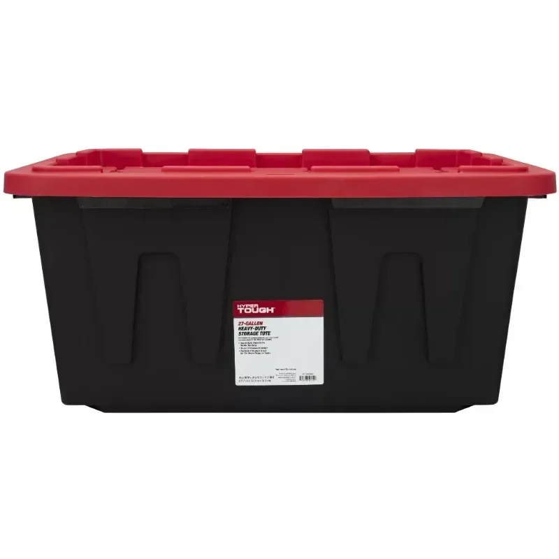 27 Gallon Stackable Snap Lid Plastic Storage Bin Container, Black with Red Lid, Set of 4 2