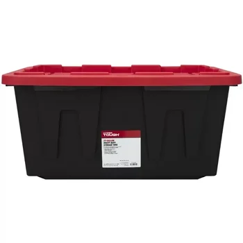 27 Gallon Stackable Snap Lid Plastic Storage Bin Container, Black with Red Lid, Set of 4 2