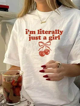 T-shirt Women's Retro Style "I'm Really Just A Girl" Casual Printed T-shirt Cherry Bow Round Neck Short Sleeve Aesthetic Graphic