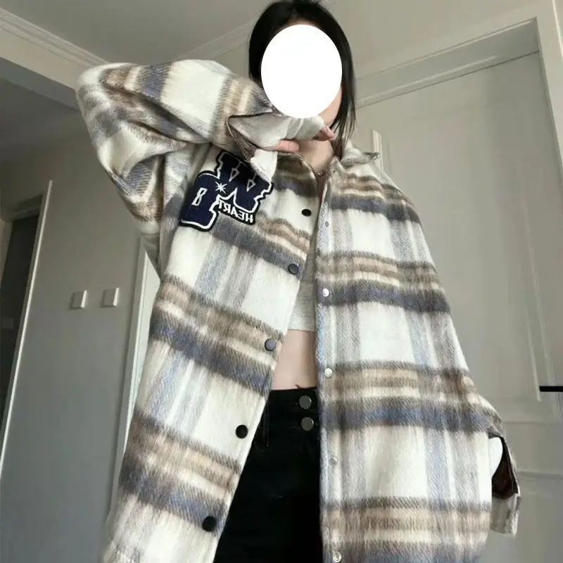 Woolen Jacket Single-Breasted Coat Retro Women Autumn Winter Loose Plaid Fashionable Versatile Jacket 2023 New