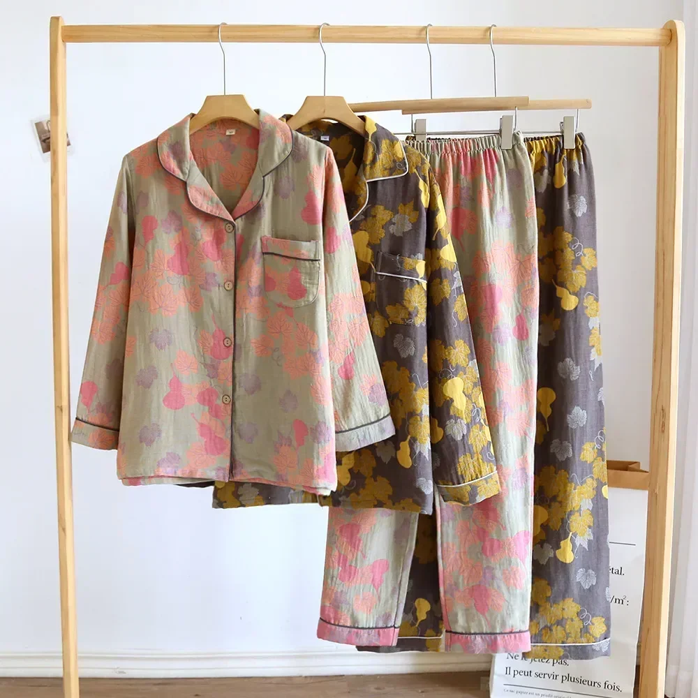 

Clothes Yarn-dyed Loungewear Pajamas Loose Cardigan Casual Long-sleeved Sleepwear Set Print Home New Two-piece Couple Cotton