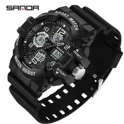 SANDA Men's Digital Military-Style Waterproof Sports Watch (Black silver)
