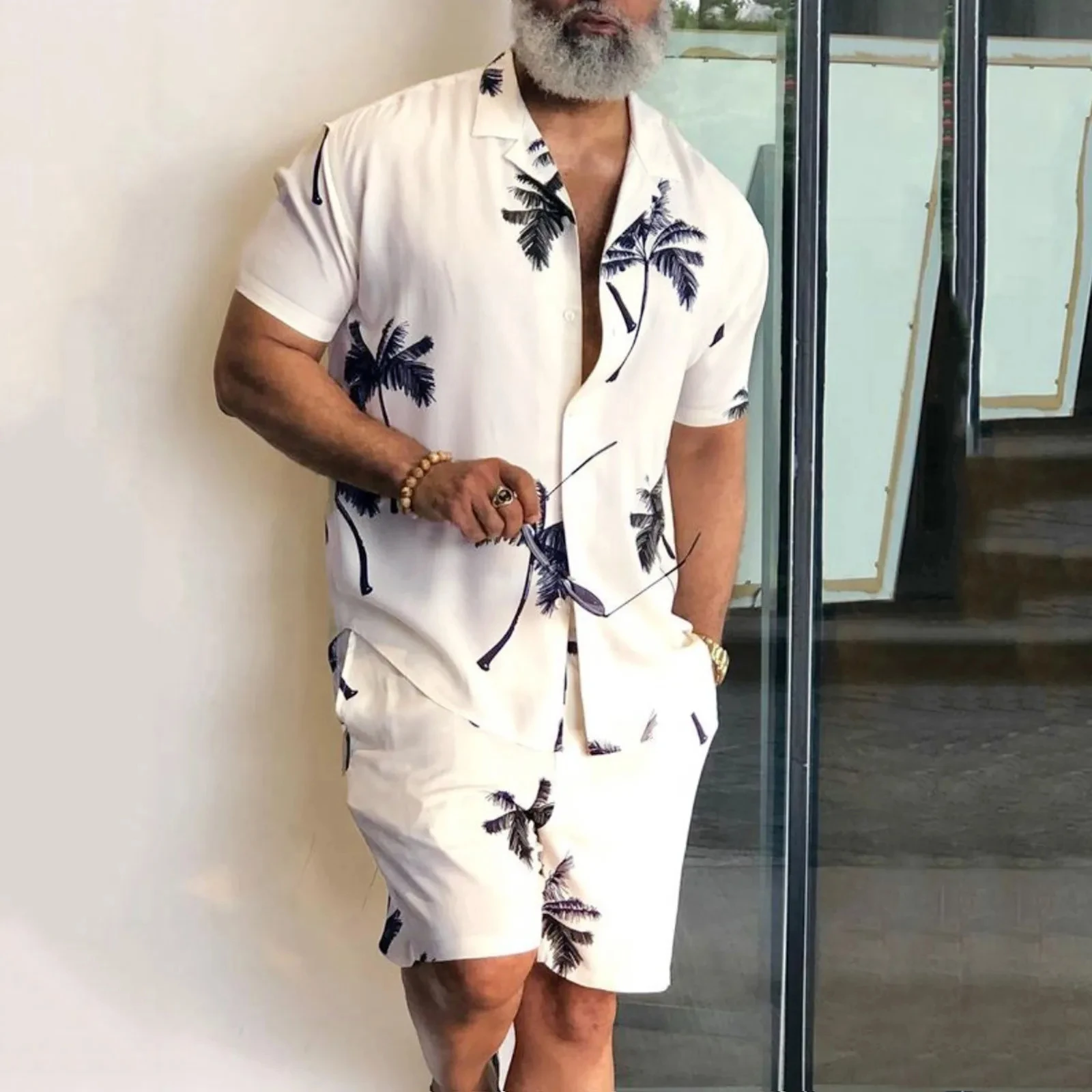 Coconut Tree 2PCS Shirts Suits Men 3D print Fashion Shirts+Shorts Two Piece Sets Hawaii Beach lapel Shirt Set Unisex Clothing 4