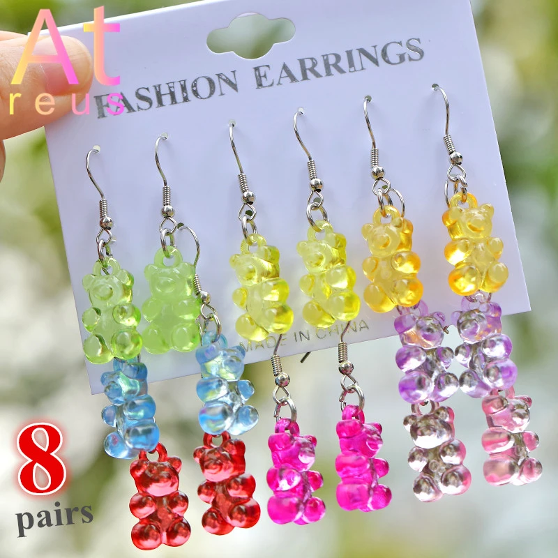 

5/6/8pairs/set Candy Color Acrylic Gummy Bear Drop Earrings for Women Girl Pearl Studs Zirconia Cartoon Animal Dinosaur Earrings