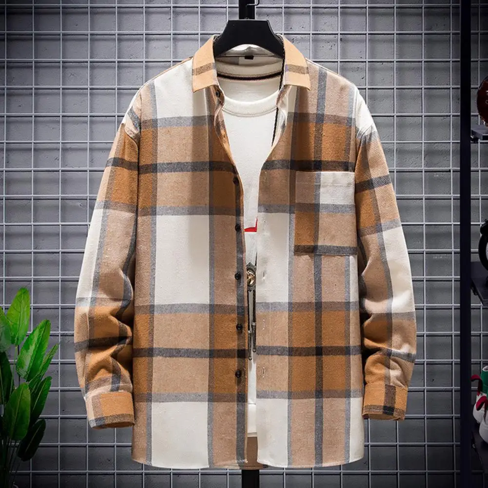 

Solid Color Lapel Collar Shirt Fashionable Men's Plaid Shirt Coat Cozy Loose Fit Streetwear Style for Autumn Winter Loose Shirt