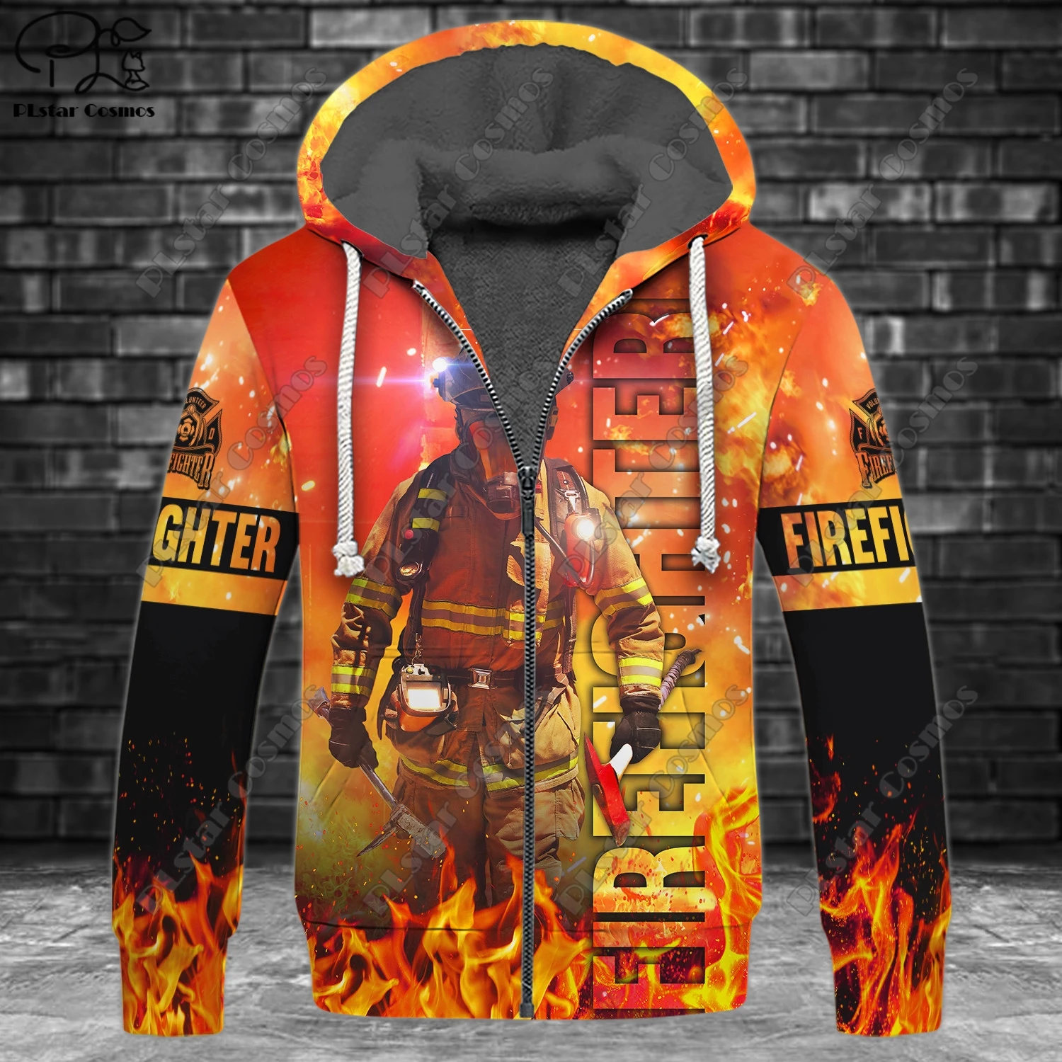 3D printing customized name new firefighter pattern warm hooded thickened jacket zipper fleece hoodie winter jacket casual 5