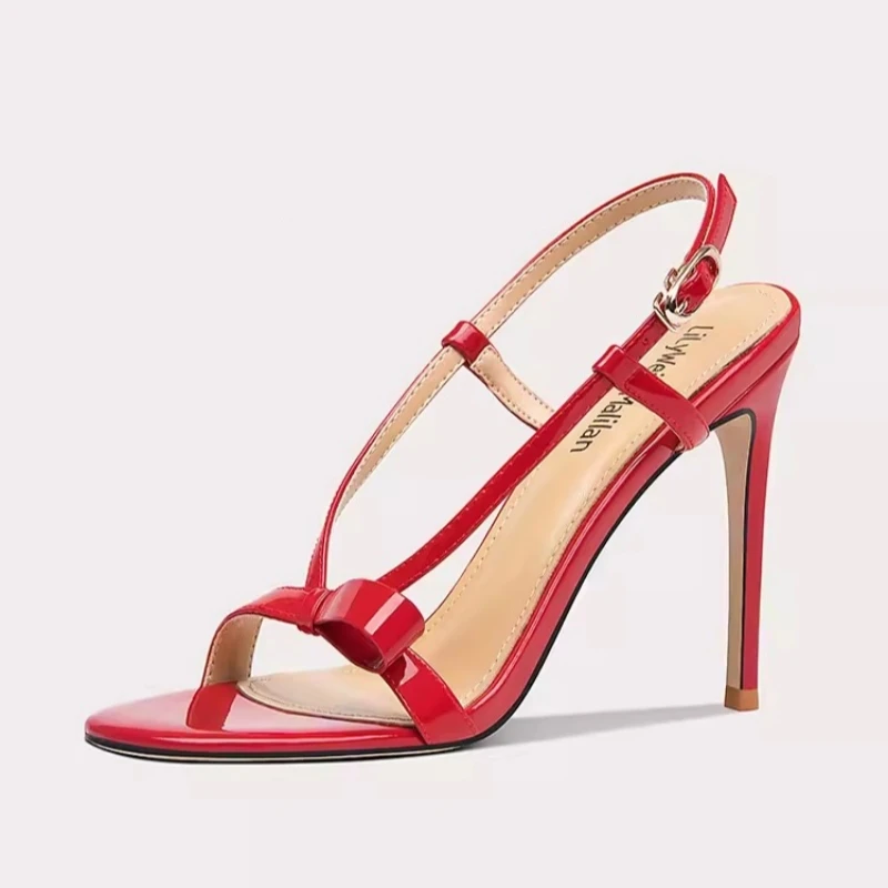 

Летние Новые лаковые кожаные сандалии с бантом на тонком высоком каблуке банкетное платье универсальная большая и Маленькая женская обувь