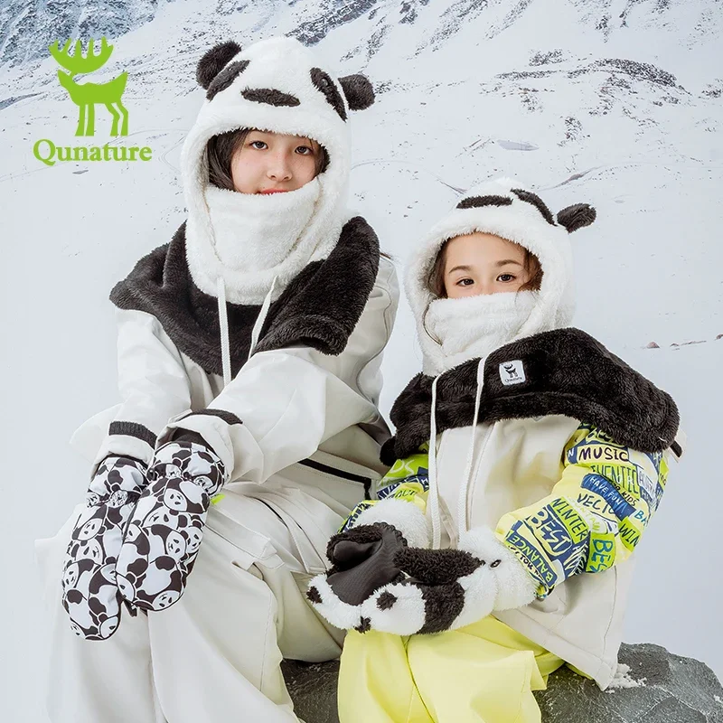 Qunature Parent-child Panda Ski Headgear Balaclava Soft Thermal Fleece Full Face Mask Winter Keep Warm Hood Scarf Neck Collar