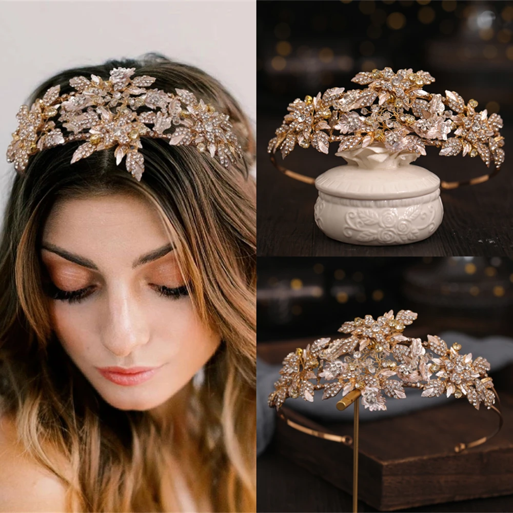 

Baroque Vintage Gold Crystal Leaves Tiara And Crowns For Women Bride Bridal Wedding Hair Accessories Jewelry Diadem Headband