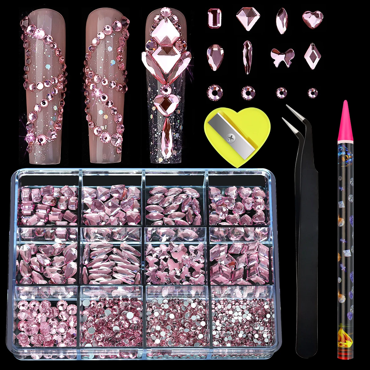 Nail Art Rhinestones Glass Crystal Nail Art AB Gem Rhinestones 12Grids Mixed shapes Heart Flat Bottom Crystal 3D Jewelry Charms Diamond Nails Supplies
