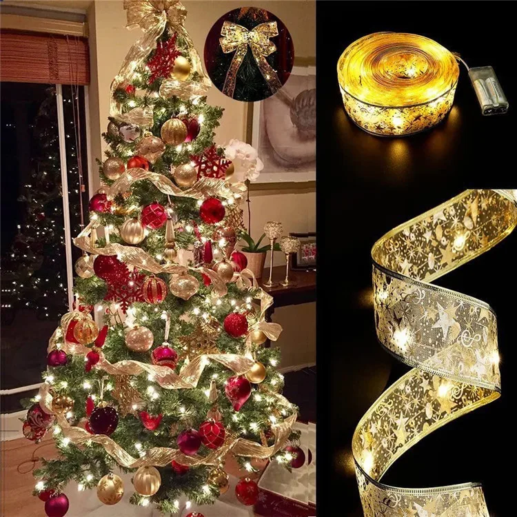 Christmas Decoration LED Ribbon Lights Tree Ornaments DIY Lace Bows String Light