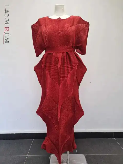 LANMREM Women's Pleated Dress Fashionable Loose Elegant Rondun Collar Short Sleeve Long Dresses With Belt 2025 New 2DB2626