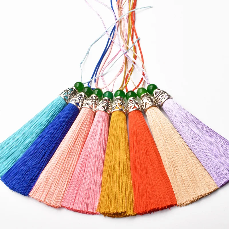 

5PC Green Beads Tassel Ear 8cm Mobile Phone Pendant Bookmark Hanging Ear Metal Cap Polyester Ice Silk Small Tassel Ear