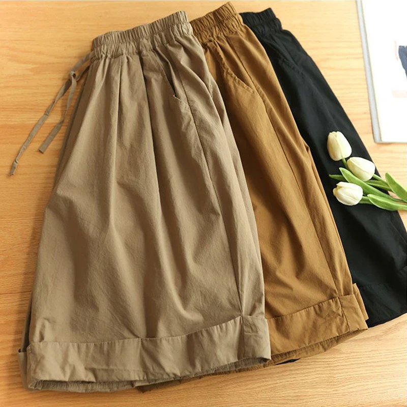 Women's Clothing Japanese Style Elastic High Waist Simple Beach Shorts Female Casual Streetwear Loose Wide Leg Knee Length Pants