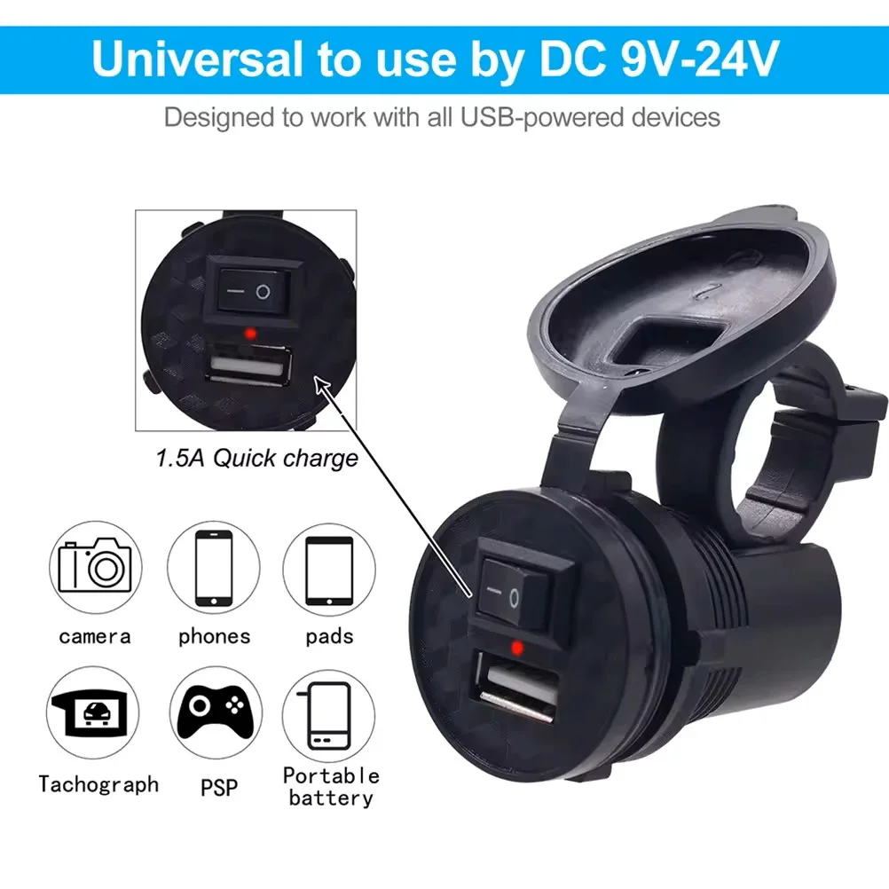 Waterproof USB Motorcycle Handlebar Charger with Light Switch
