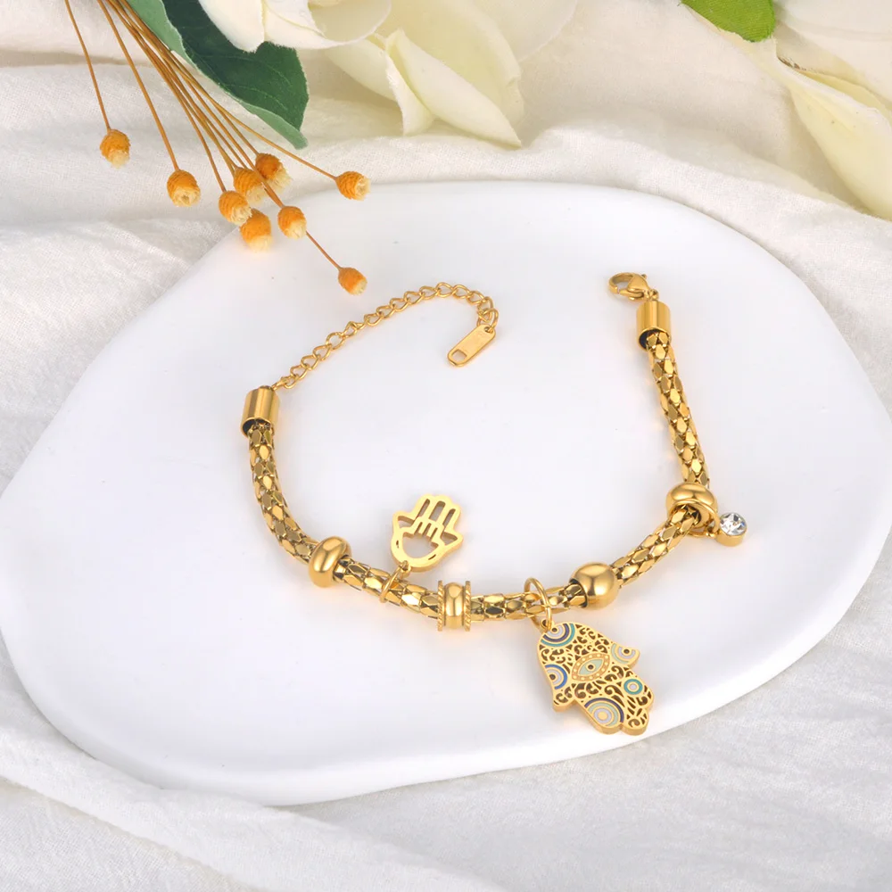 316L Stainless Steel Fatima Hand Charm Bangle Bracelet for Women B23088