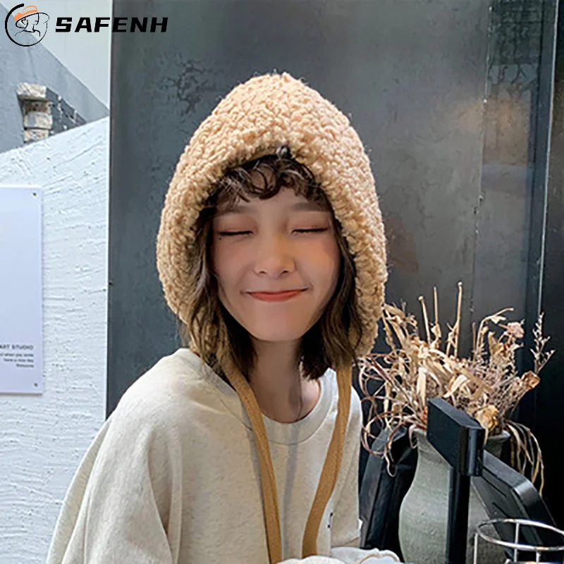 New Trend Ear Protection Hat Cute Beanie Women Winter Warm Plush Lacing Strap Hats Casual All-match Caps