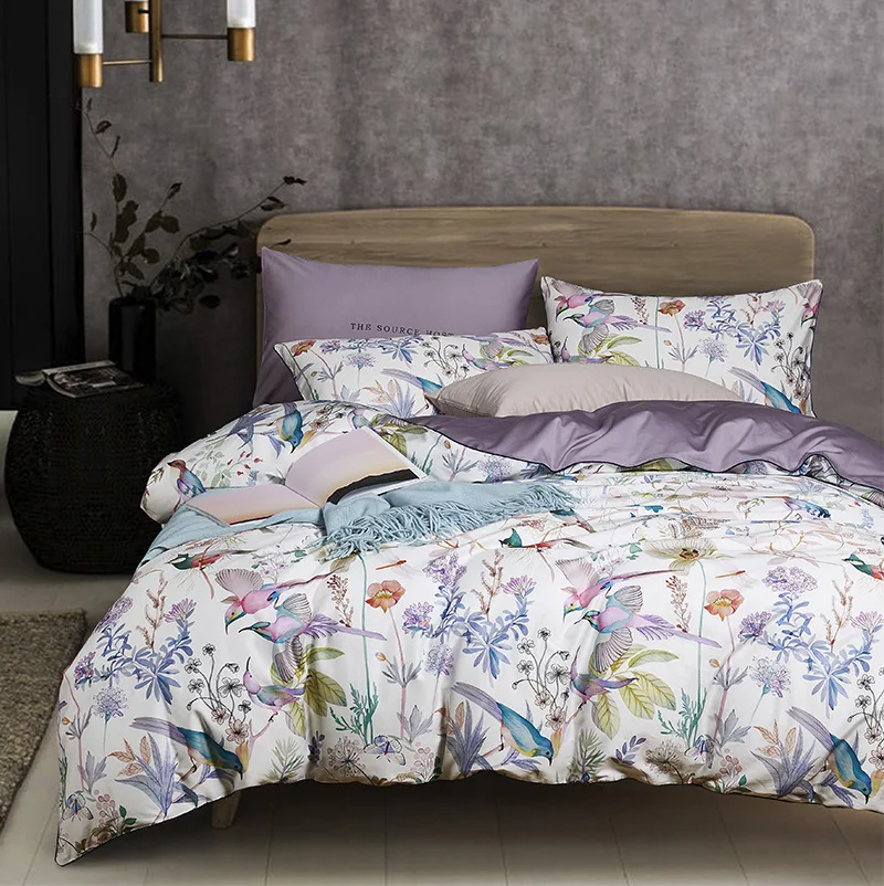 

100% Egyptian Cotton Flower Bird Digital Printing Bedding Sets 4pcs Bed Linen Duvet Cover Set Luxury Bed Sheets Pillowcases