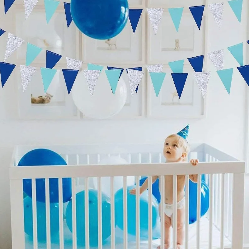 Navy Sky Blue Silver Gender Reveal Pennant Banner Hanging Paper Triangle Bunting Flag Garland for Birthday Bridal Party Supplies