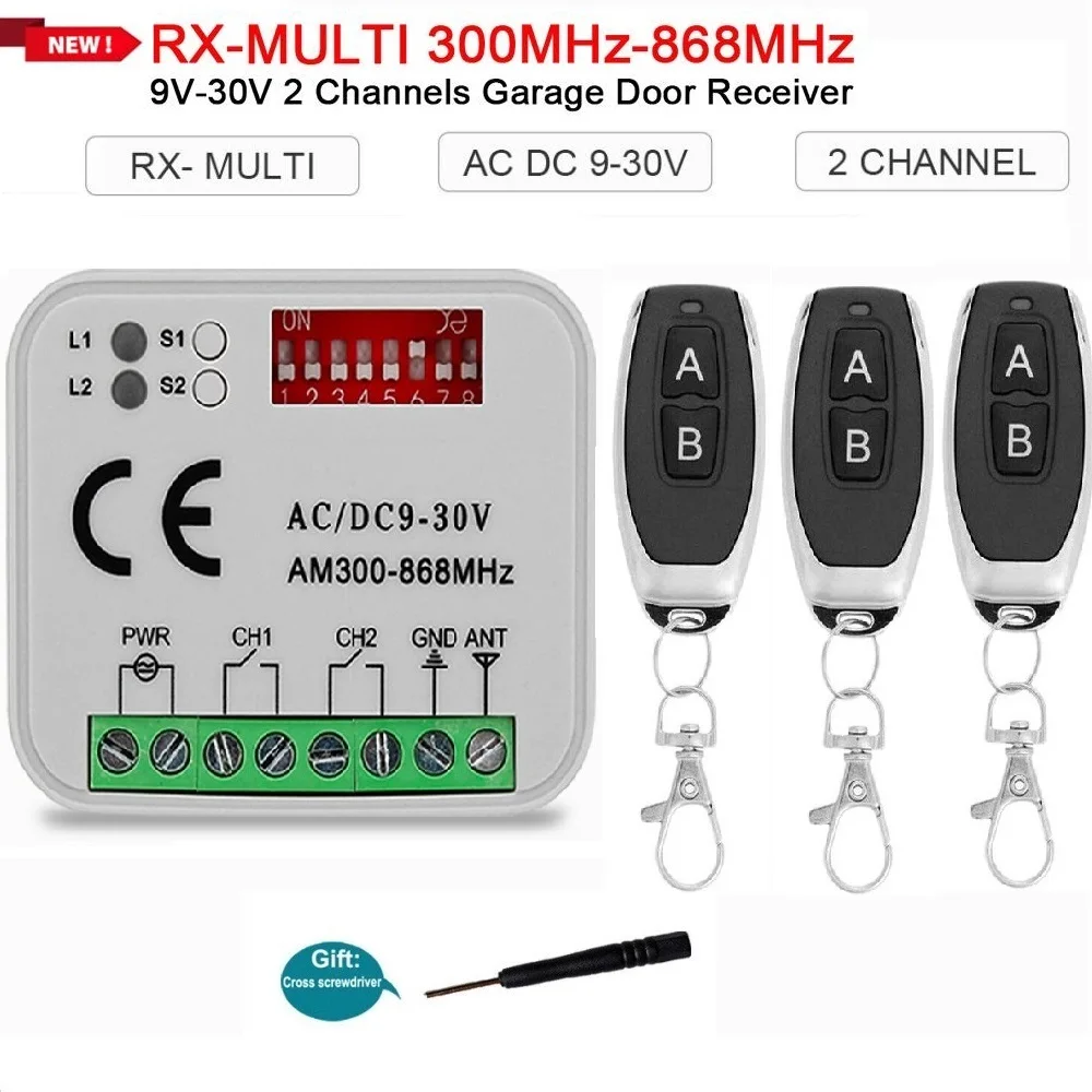 Garage Door Remote Control 300-900MHz Receiver RX Multi Frequency 2 CH Controller Switch 433 868 MHz Transmitter AC DC 9-30V DIY rx multi remote control receiver 300 900mhz ac dc 9 30v for hormann 868mhz garage gate door control transmitter