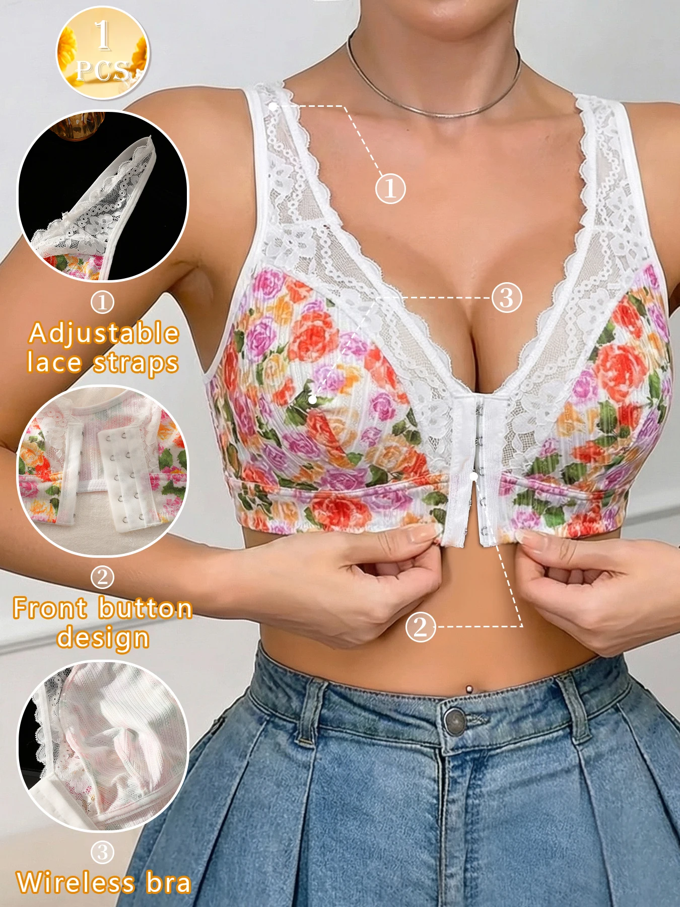 1pc Women's Floral Print Wireless Bra, Lace Trim Adjustable Straps Front Closure Comfort Bralette (S-XXL) 1