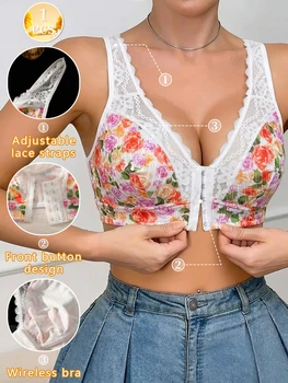 1pc Women's Floral Print Wireless Bra, Lace Trim Adjustable Straps Front Closure Comfort Bralette (S-XXL) 1