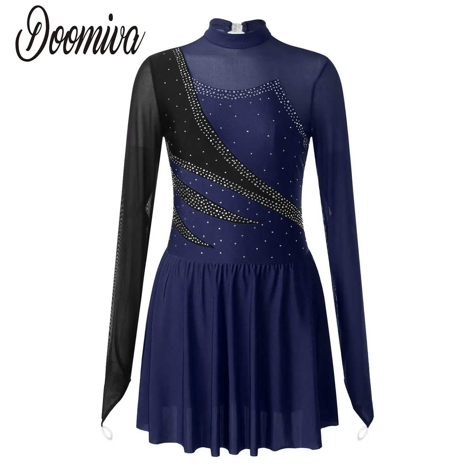 

Women Figure Ice Skating Costume Long Sleeve Rhinestone Sheer Mesh Leotard Dress for Ballet Lyrical Dance Gymnastics Competition