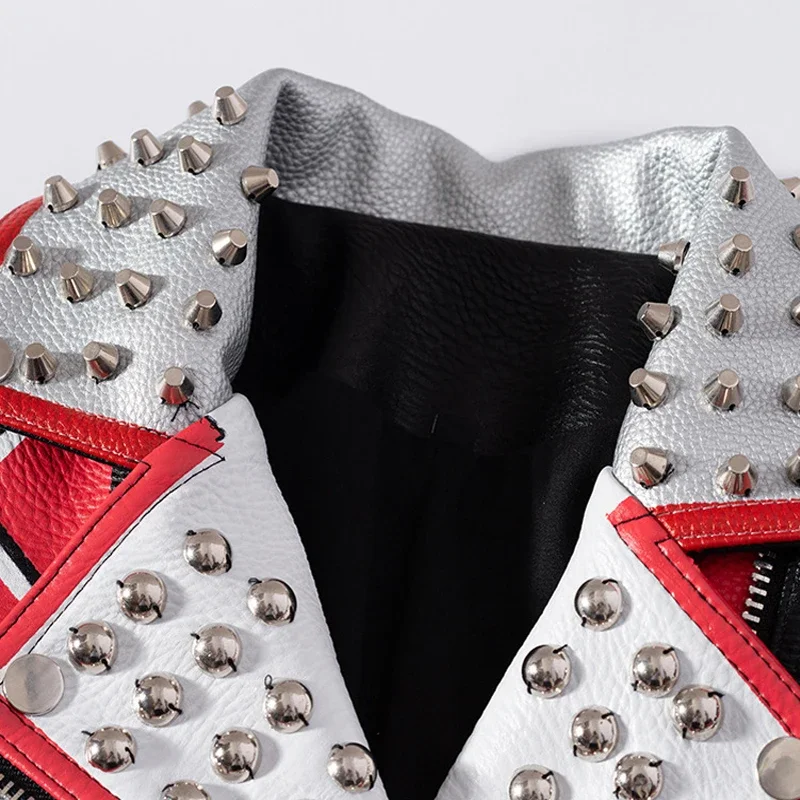 Punk Cropped Motorcycle Leather Jacket Women 2024 Trend Streetwear Graffiti Print Contrast Faux Leather Studded Jackets