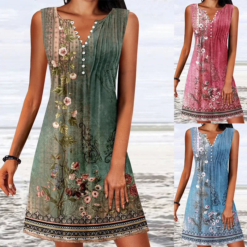 VNeck Tank Top ALine Dress, Sem mangas, Plus Size, Slim Fit, Sexy, Pulôver de impressão