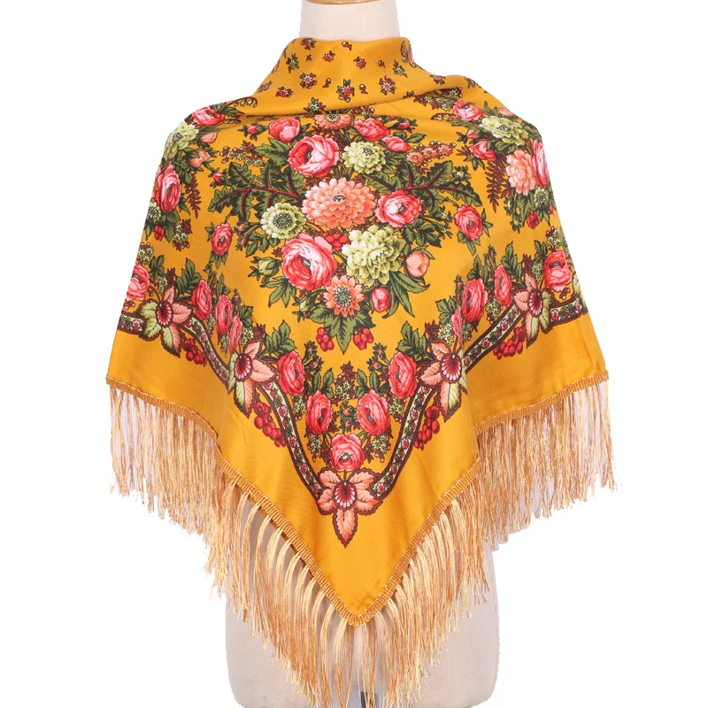 New Ethnic Style Headscarf hijabs for woman Scarf Muslim Print Tassel Shawl Middle-aged and Elderly Warm bandana Square Scarf 4
