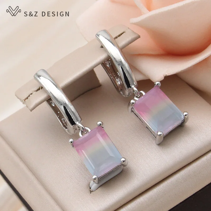 S&Z DESIGN New Fashion Rectangle Imitation Tourmaline Dangle Earrings For Women  Wedding Party 585 Rose Gold Color Jewelry