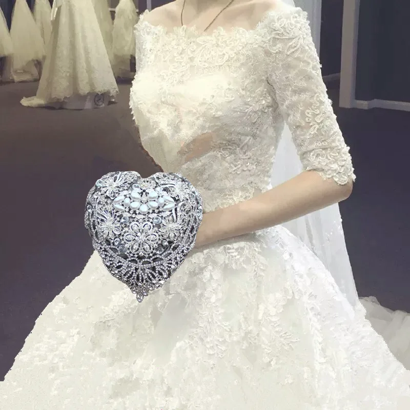 Silk Wedding Flowers Rhinestone Jewelry Sliver Brooch Bouquet Gold Broach Bridal Wedding Dress Bouquet