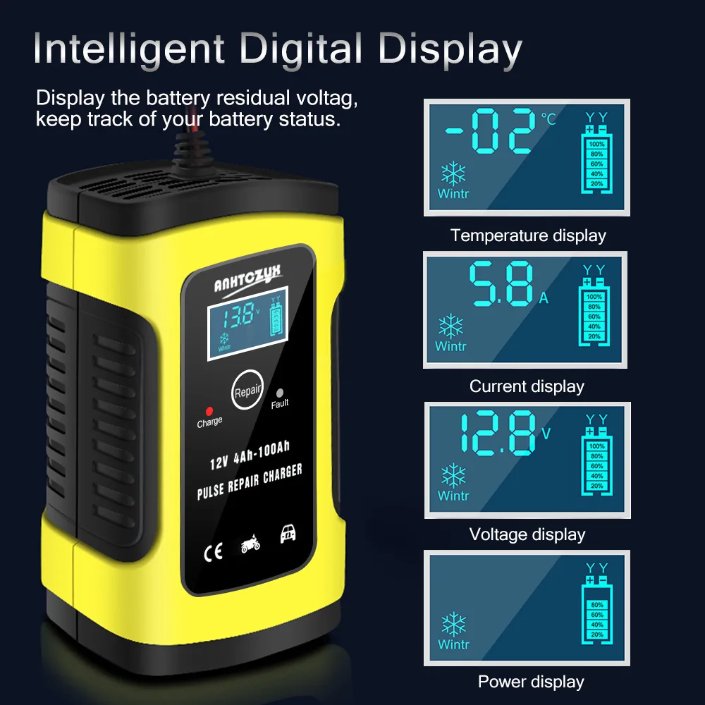 6A 12V Car Battery Charger Automatic Motorcycle Smart Charger with LCD Display for Car Motorcycle Lawn Mower Boat RV SUV ATV