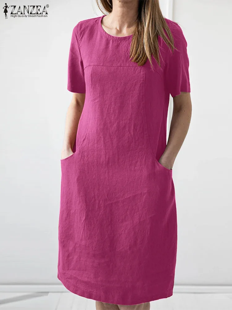 

ZANZEA Holiday Vintage Robes 2023 Summer Leisure Sundress Short Sleeve Casual Loose Knee-length Dress Beach Women Pink Vestidos