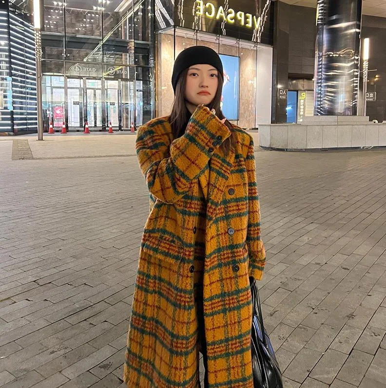 

Retro Checkered Pattern Woolen for Women Clothes Winter Loose Fitting Overcoat Temperament Female Blends