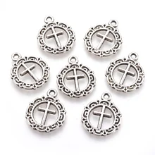 

100PCS Tibetan Style Flat Round with Cross Alloy Pendants Cadmium Free & Lead Free Antique Silver 20x16x1mm Hole: 2mm