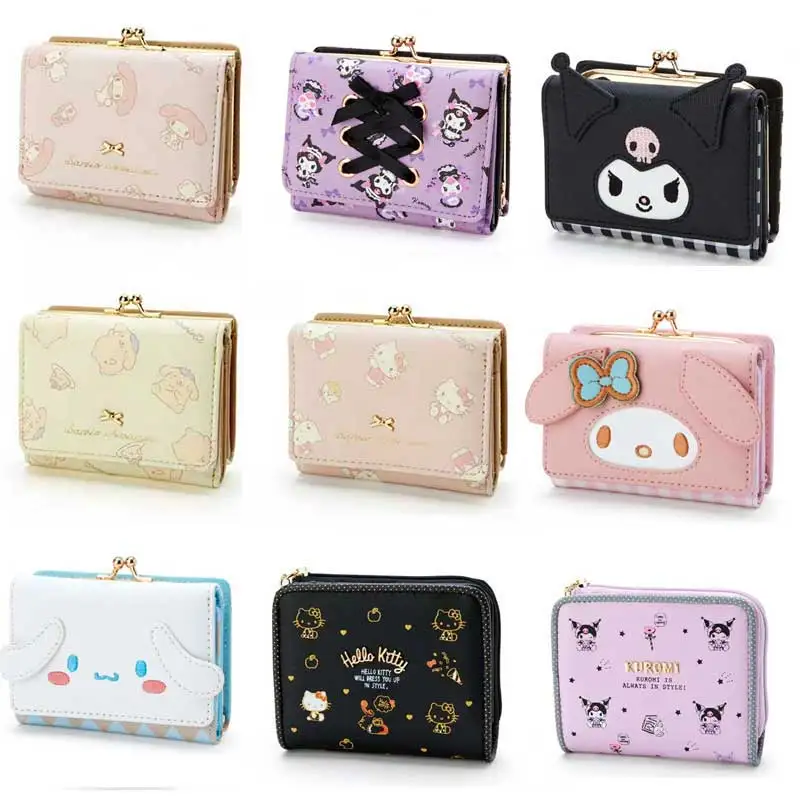 kawaii Sanrio Hello Kitty Pocketbook My Melody Cinnamon Roll Pringle Kuromi PU Leather Wallet Folding Card Bag Female Walle