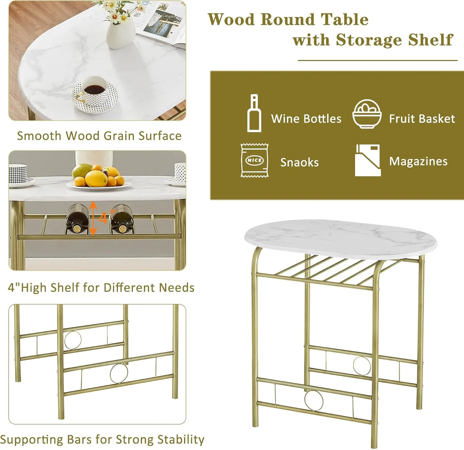 3-Piece Dining Table Set. Wood Grain Oval Tabletop. Metal Frame. Built-in Wine Rack. For Small Spaces. White & Gold.