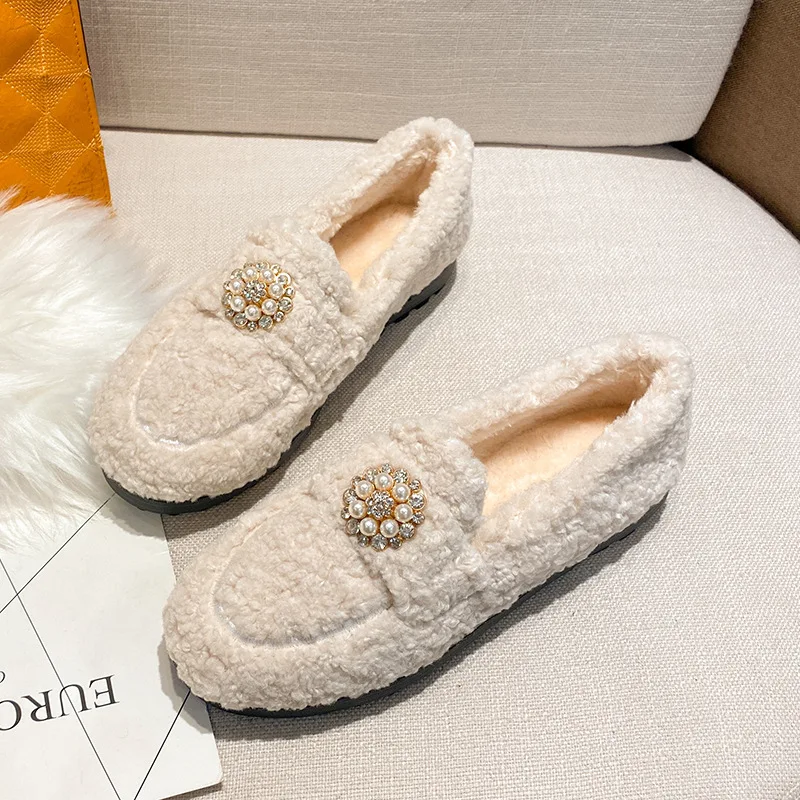 Luxury Lambwool Mules Winter Keep Warm Moccasins Shoes Female Slip On Flats Fur Loafers Plush Winter Boat Shoes Plus Size 33-43