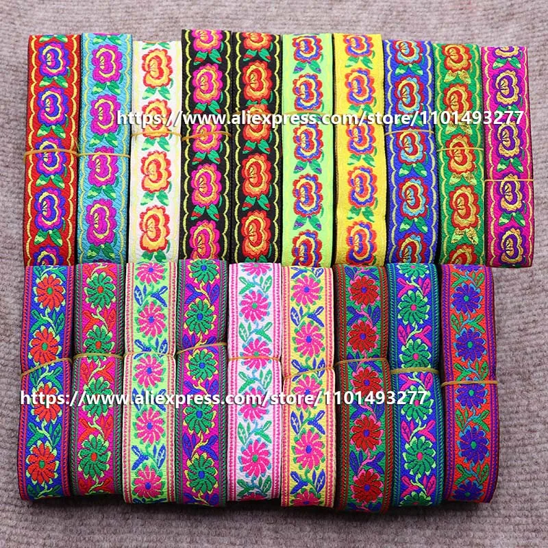 

3.3cm 7 Yards Jacquard Ribbon Flowers Pattern Ethnic Lace Trim Embroidered Woven Webbing Tape For Clothing Bag Sewing Fabric