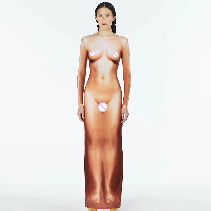 Y2K 3D Body Print Maxi Dress Women Long Sleeve Unique Sexy Body-Shaping Attirewear Robe Party