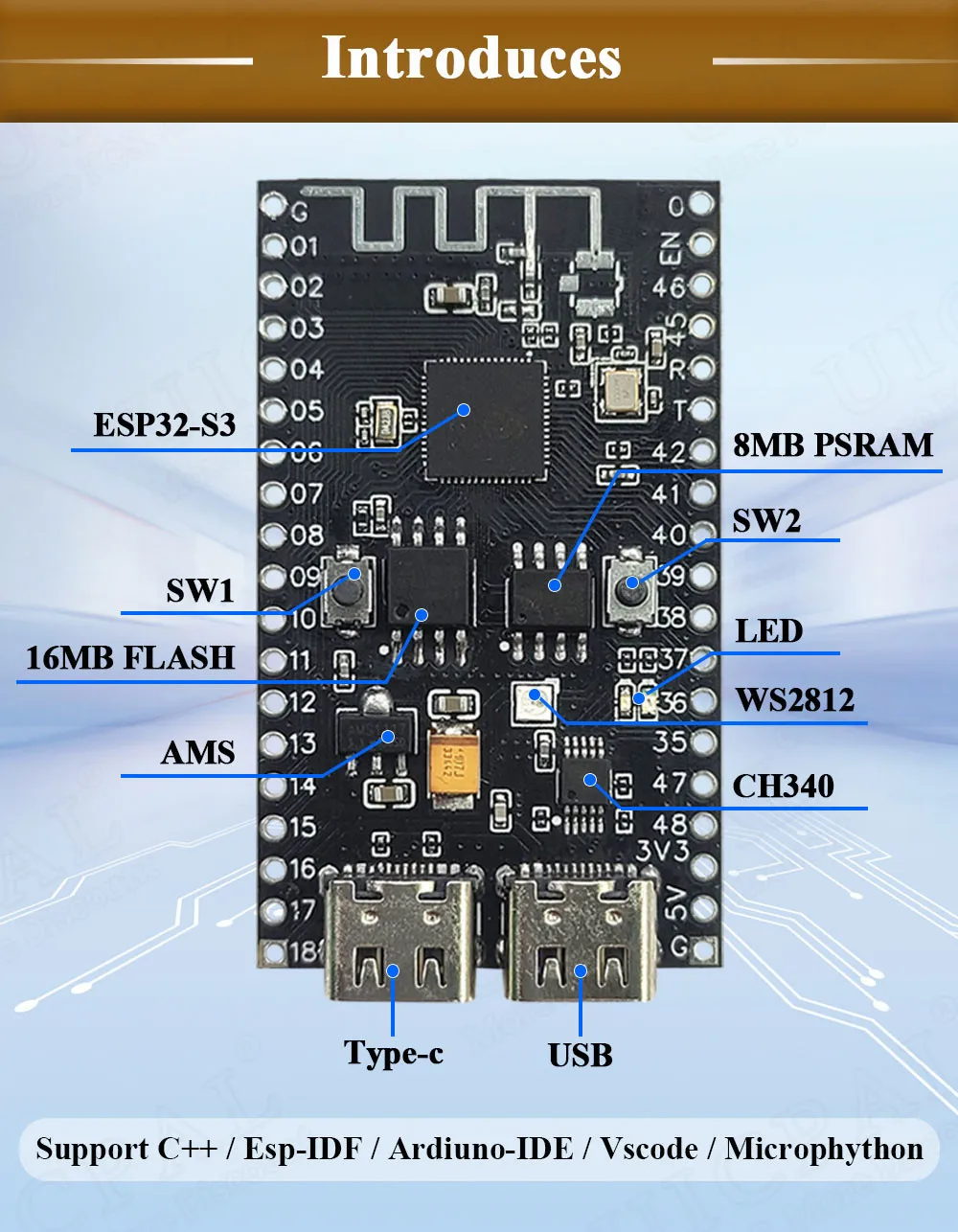 Neues ESP32-S3 N16R8 Entwicklungsboard für Arduino 8MB PSRAM 16MB FLASH mit WS2812 LED CH340 Type-C ESP32S3 BT 2.4G WLAN-Modul – Detail 6