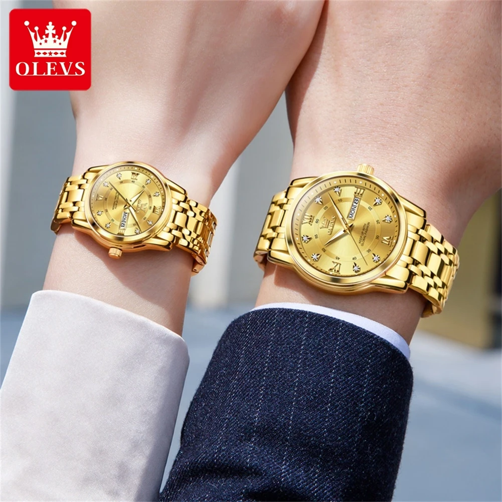 OLEVS Quartz Couple Watches for Men and Women Luxury Golden Stainless Steel Dual Calendar Dial Waterproof Luminous Wristwatches